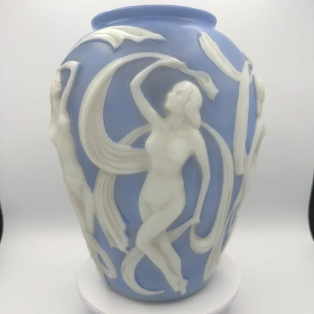 Vintage Phoenix Glass Dancing Ladies Vase Blue White Art Deco Nude Nymph 11.5